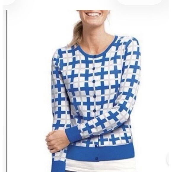 Cabi Blue Grey Plaid Cardigan Sweater Size Large Frame Pattern Preppy Academia - Picture 3 of 7